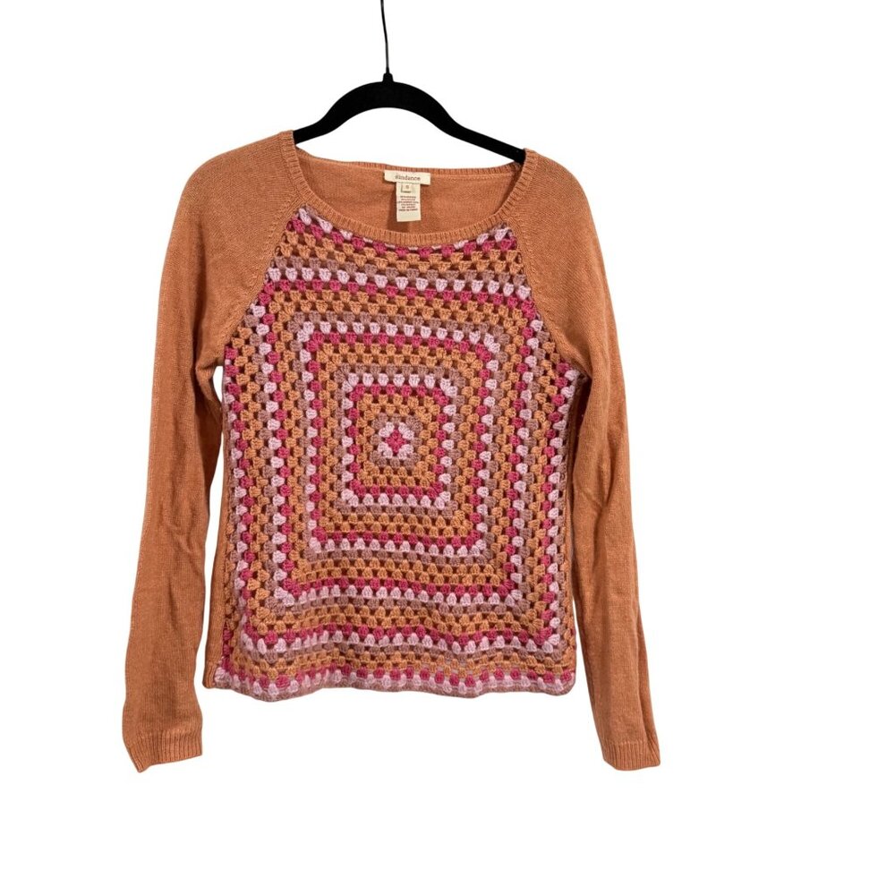 Sundance Granny Square Crochet Pink Peach Sweater Size S‎